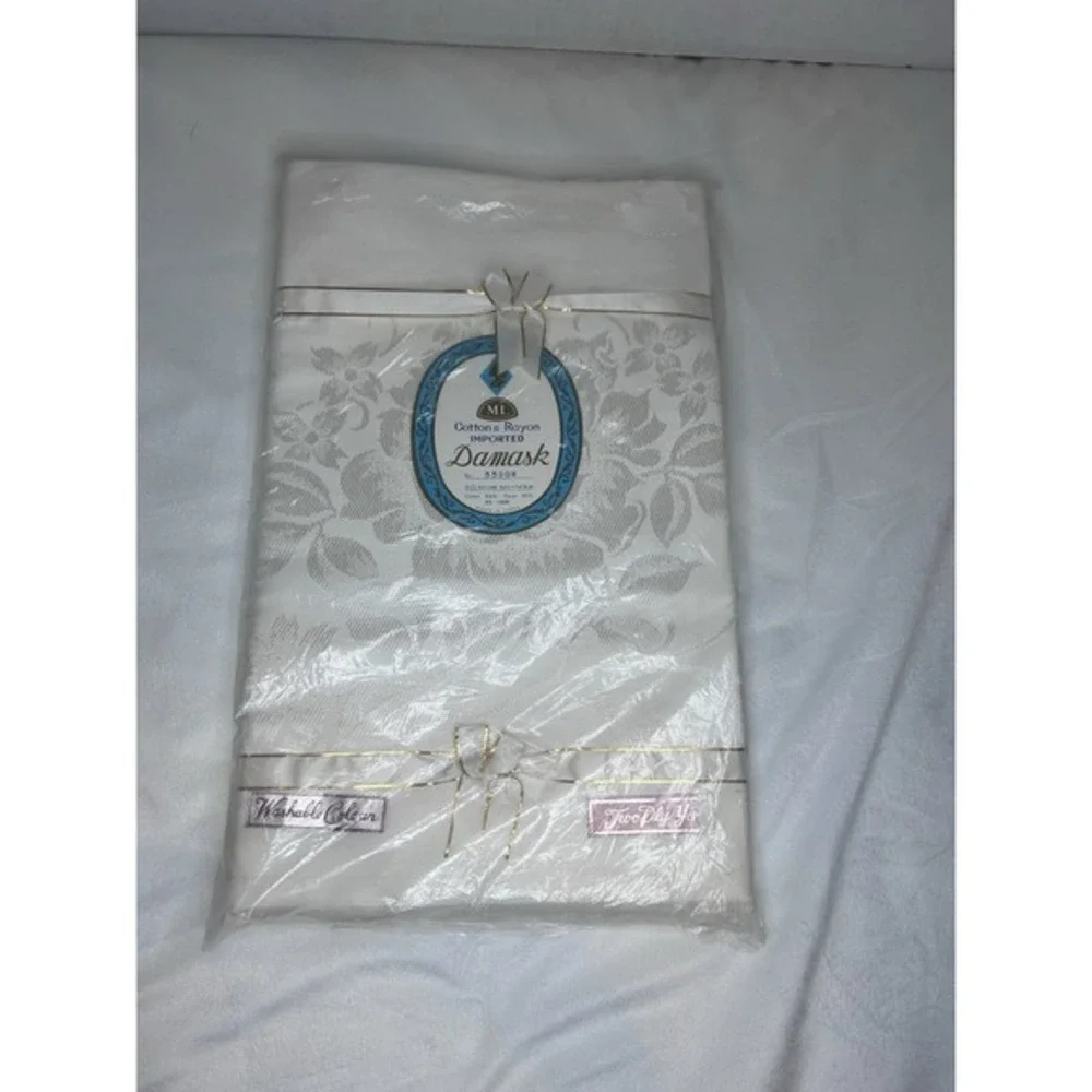 Vintage Damask Linen Tablecloth floral Cream cotton rayon Japan 50x66